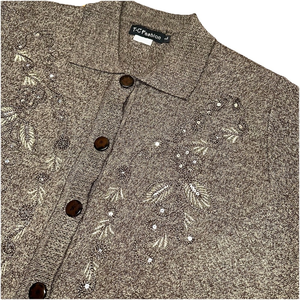 Vintage 90's T-C Fashions Brown Fall Beaded Sequin Button Up Cardigan Women's L